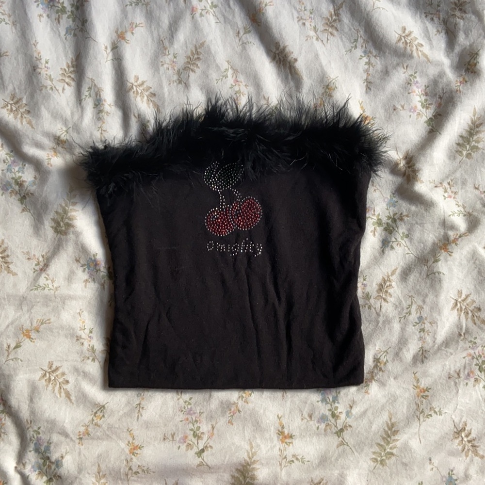 omighty Black Feather Trim Rhinestone Cherry Tube Crop Top